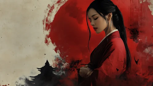 Silent warrior in red kimono stands before rising crimson sun