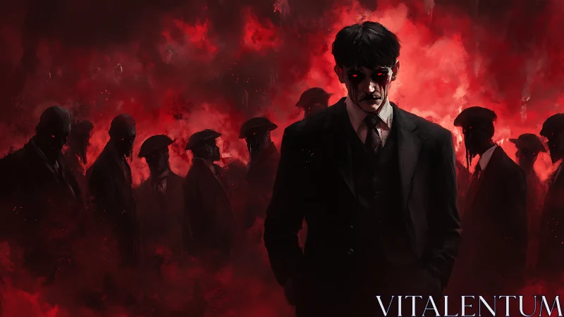Demon-eyed man leads shadowed mob through burning crimson haze.