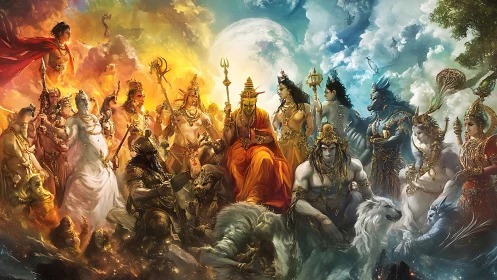 Mythological council of deities in divided celestial sky.