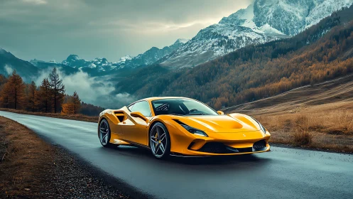 Yellow sports car on wet mountain road in autumn landscape.