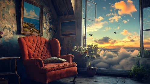 Aerial threshold interior with atmospheric cloud horizon portal.