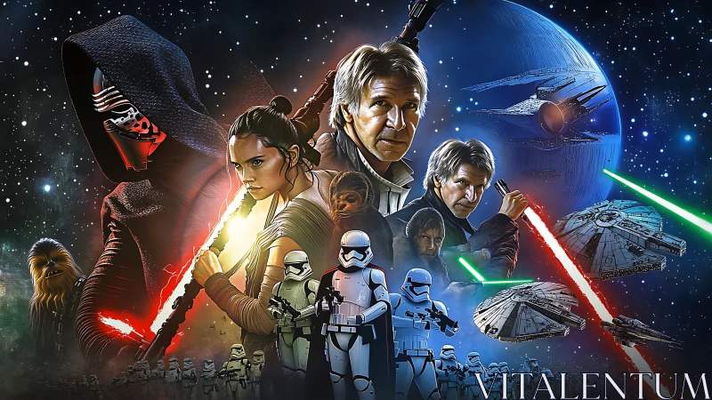 Epic space opera ensemble with starfighters and masked warrior