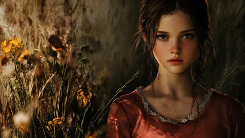 Freckled girl in red dress beside wild meadow flowers.