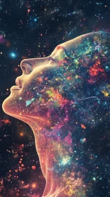 Human profile blended with colorful cosmic nebula field.