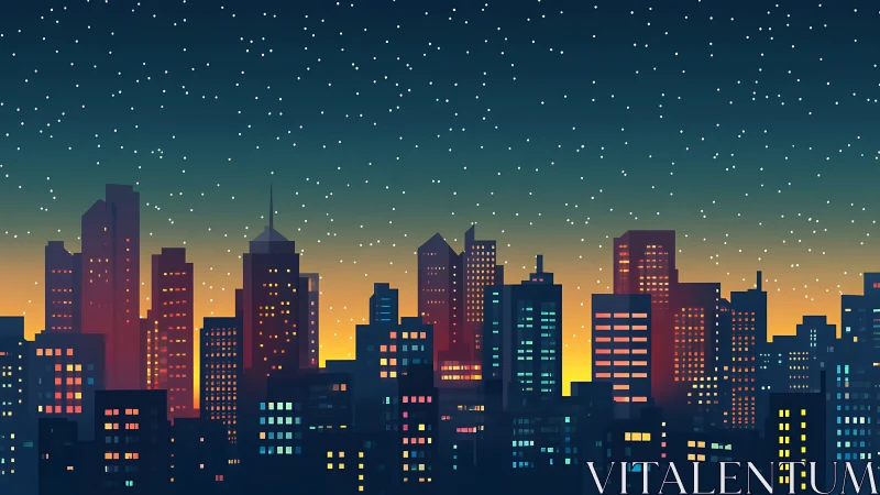 Digital skyline at dusk with illuminated urban high-rises.