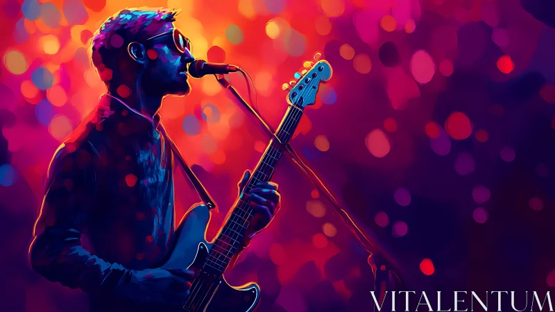 Male guitarist singing into microphone under vivid stage lights.