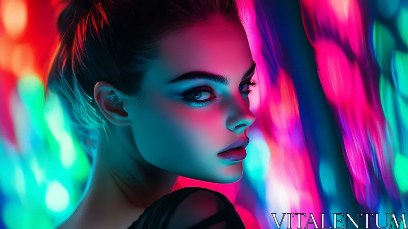 Neon-lit woman gazes back with electric, futuristic poise