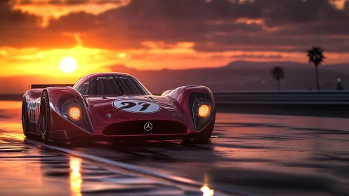 Red endurance race car on wet circuit at sunset.