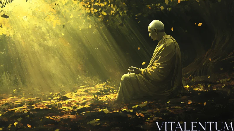Monk in golden forest clearing under radiant sunbeams.
