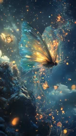 Luminous cosmic butterflies swirling through starlit night.