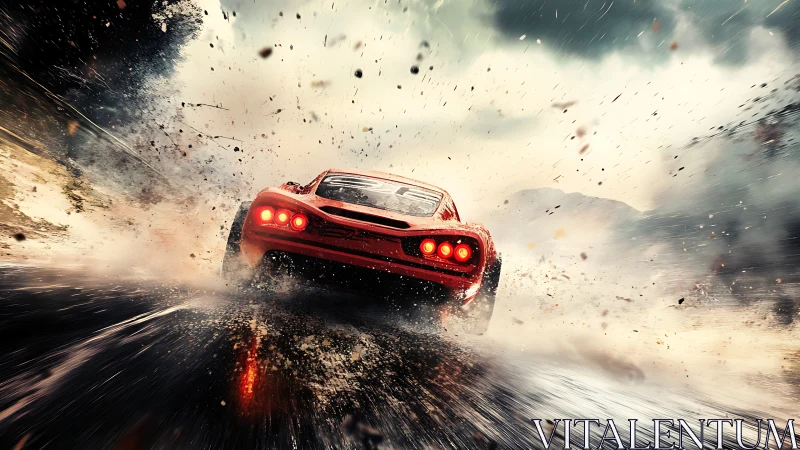 Red supercar powers through storming wet racetrack