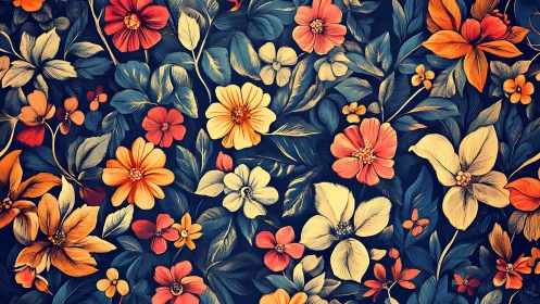 Vibrant Floral Pattern with Botanical Elements on Navy Blue.