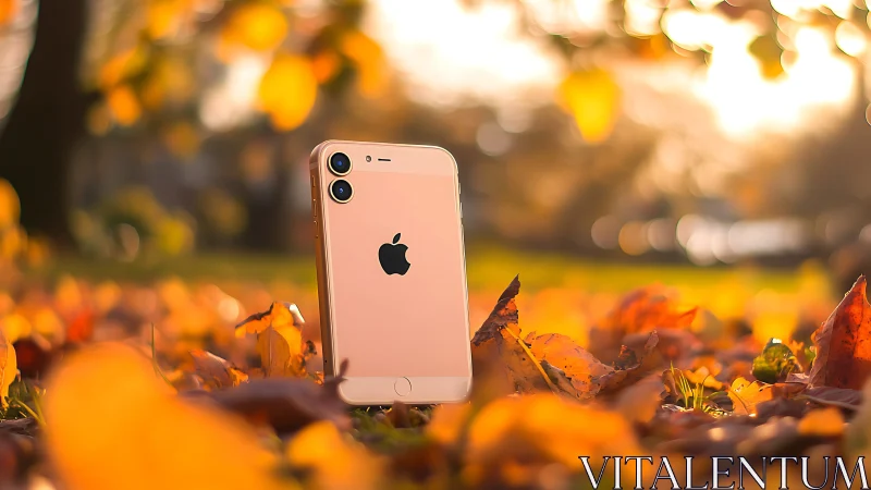A rose gold iPhone glows beautifully among autumn leaves.