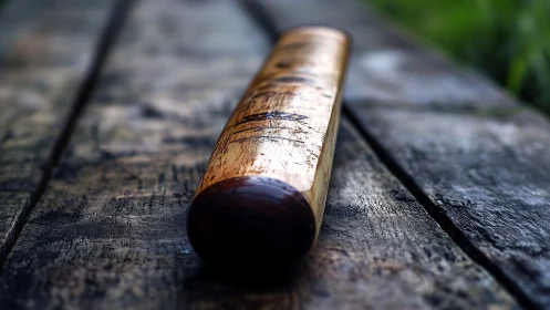 Worn wooden baseball bat resting on weathered timber surface.