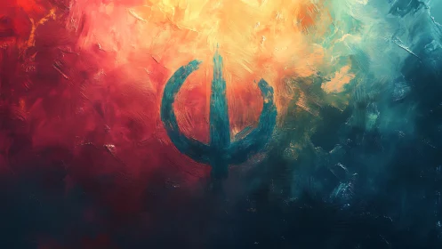 Central dark symbol within textured warm cool gradient field.