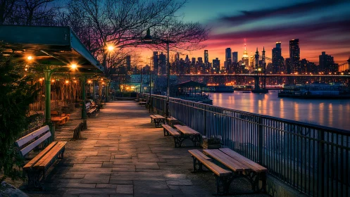 Golden riverside walkway glows softly before the city lights