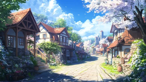 Idyllic stone lane with cherry blossoms and hybrid rural-urban skyline