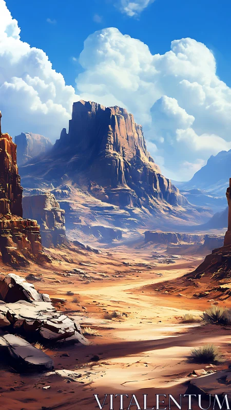 Sunlit canyon highway under cathedral clouds of the desert.