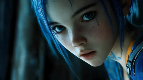 Blue haired rebel girl with luminous, searching eyes.
