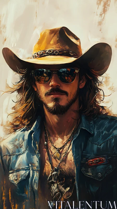 Long-haired figure in cowboy hat and sunglasses faces viewer