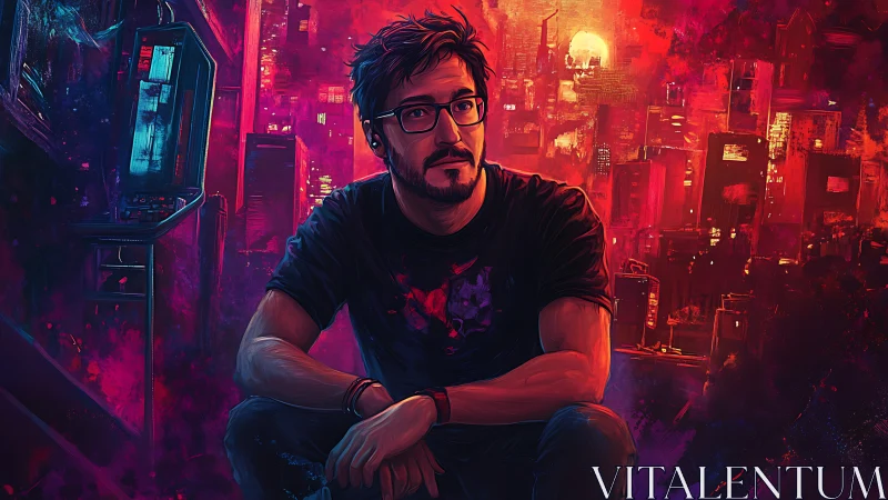 Neon lit gamer reflects in a moody cyberpunk city nightscape