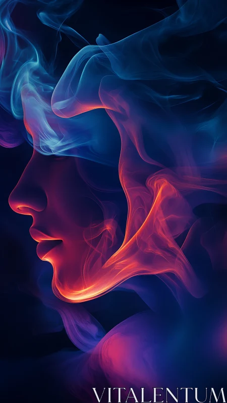 Volumetric smoke silhouette forms luminous dual-toned female profile