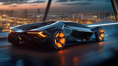 Futuristic electric hypercar on illuminated city bridge at dusk