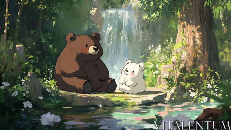 Cartoon bears share quiet moment beside forest waterfall