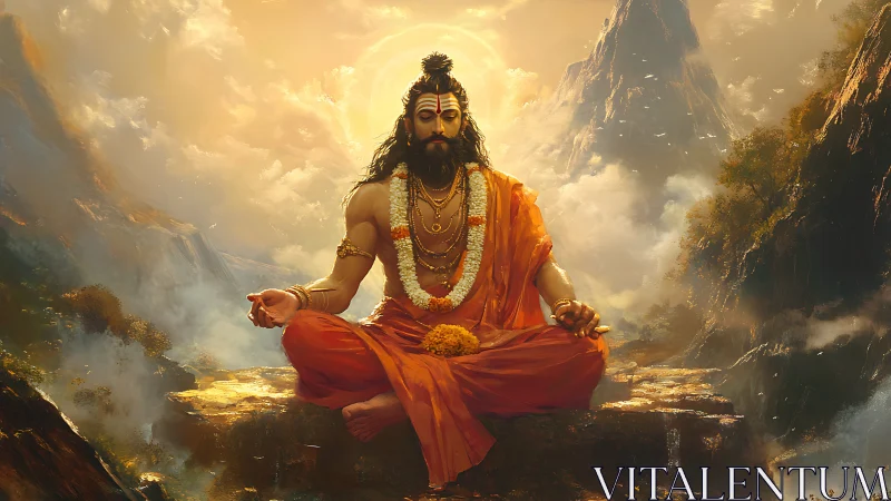 Mystic yogi in lotus posture amid sunlit Himalayan cliffs