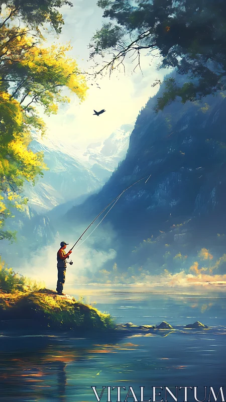 Solitary angler casting beside misty mountain lake at dawn.
