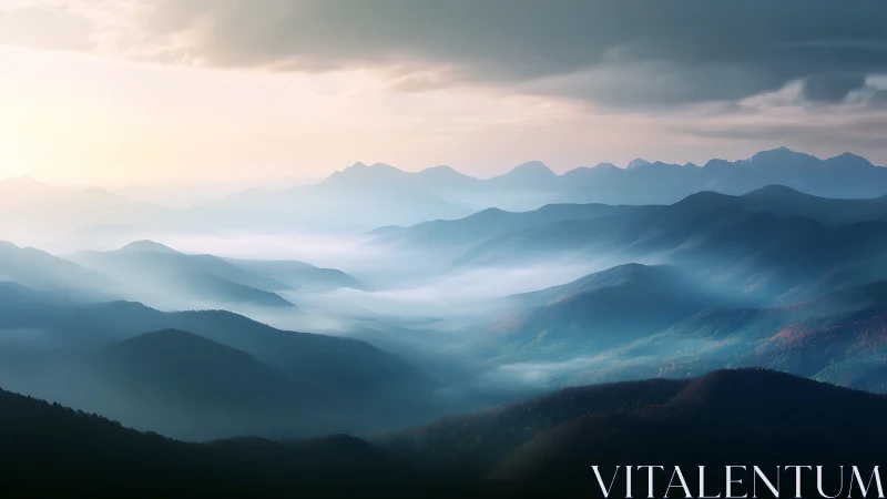 Layered blue mountain ridges recede into misty morning light
