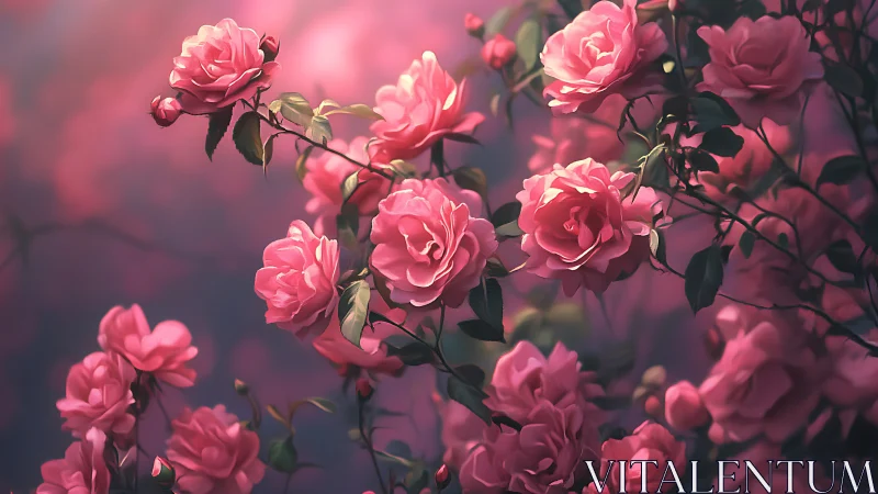 Pink Roses Bloom Against Soft Gradient Background. Nature.