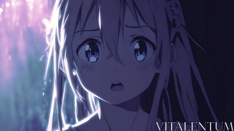 Anime girl portrait in blue light with shocked expression.