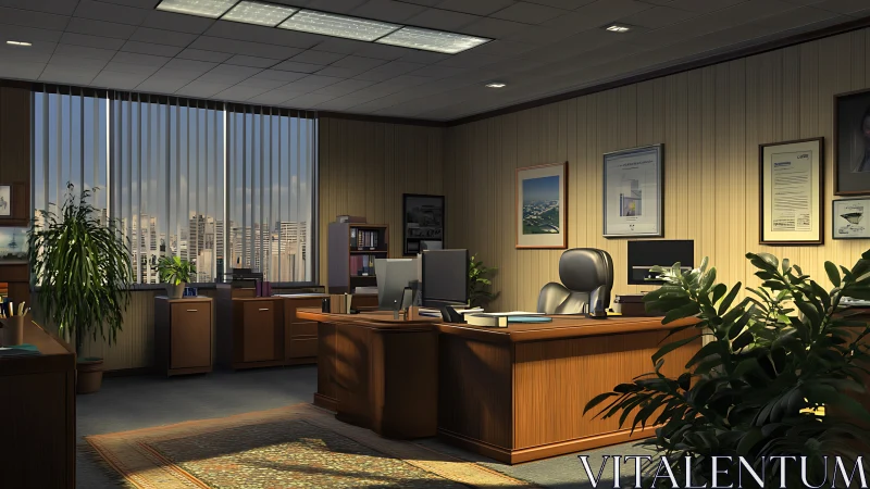 Executive corner office interior with city skyline view.