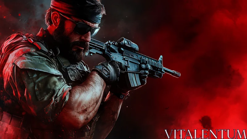 Tactical soldier aims rifle against high-contrast red smoke