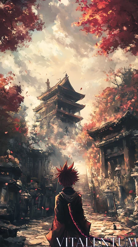 Wandering monk approaches ancient pagoda through autumn ruins
