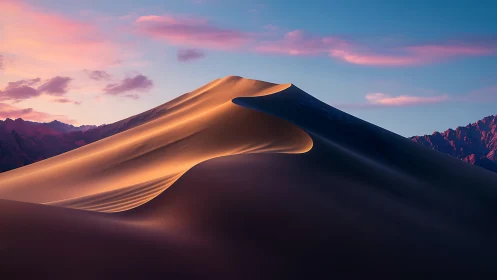 Sunlit sand dune ridge under soft evening sky.