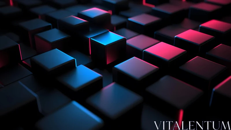Futuristic black cubes with neon blue and pink lighting, digital art.