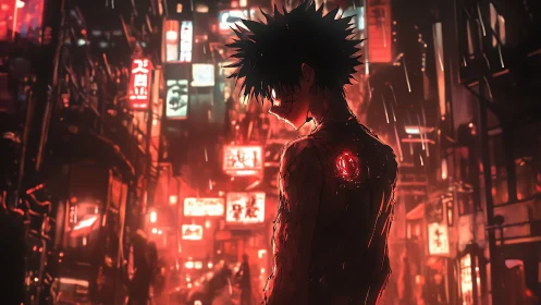 Cyborg youth stands wounded in neon dystopian alley rain