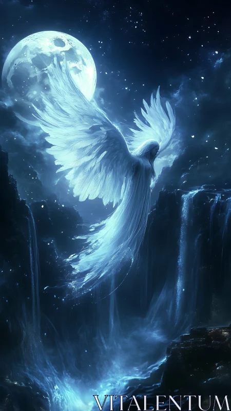 Luminous lunar angel over ethereal cascading waterfalls.