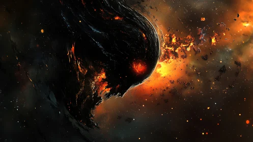 Cosmic inferno skull nebula in dynamic digital painting style.