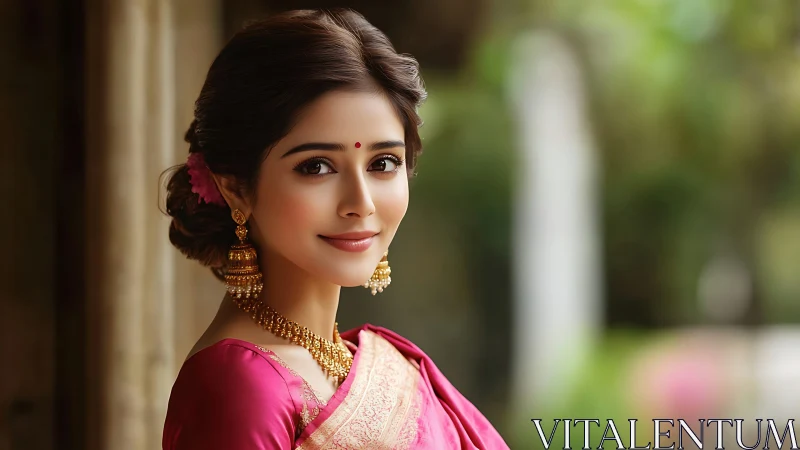 Portrait captures woman in silk sari with ornate gold jewelry and bokeh