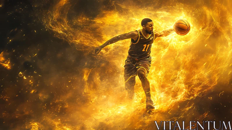 Basketball player dribbles through digitally rendered fire field