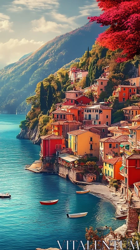 Coastal village with colorful buildings and mountainous terrain.