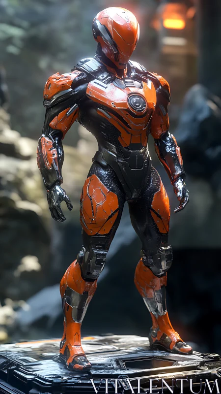 Armored orange exosuit stands on metallic platform outdoors