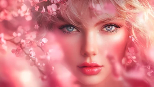 Porcelain portrait amid luminous pink cherry blossoms.