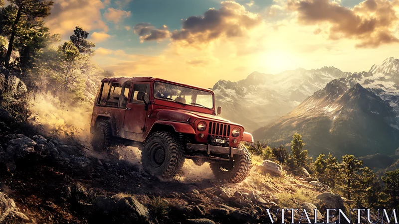 Red off-road SUV climbs rocky slope under dramatic sunset light