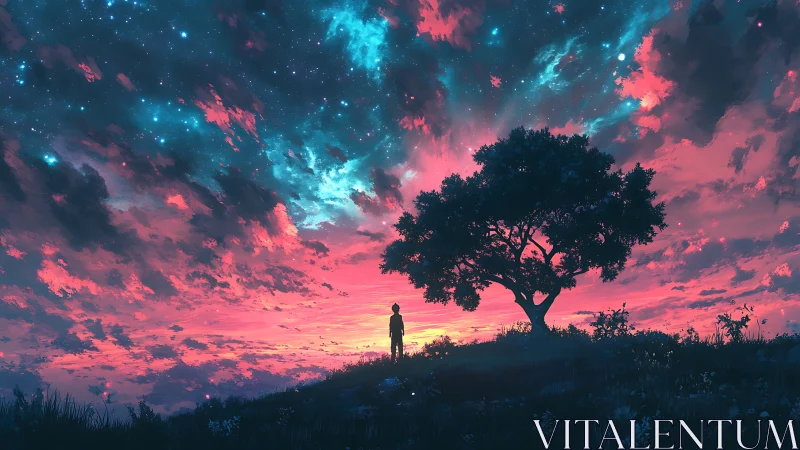 Dreamy sunset sky welcoming a lone stargazer under a tree.