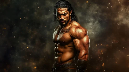 Fierce warrior hero standing strong in glowing embers.