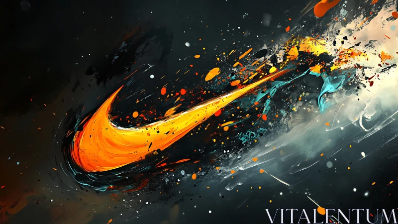 Orange swoosh logo amid dynamic paint splashes on black.